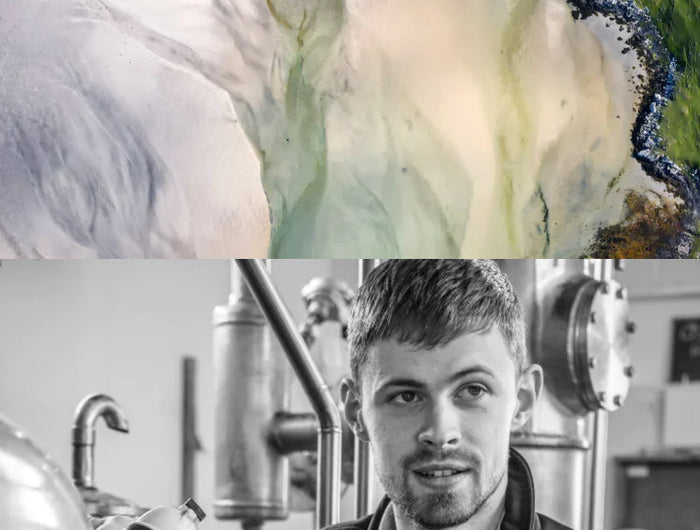stacked images top one is an aerial view of harris beach and the bottom one is a black and white image of a man with distilling equipment