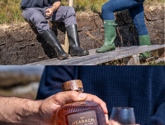 Two people toasting with glasses outdoors, followed by a close-up of a bottle of Hearach Whisky.