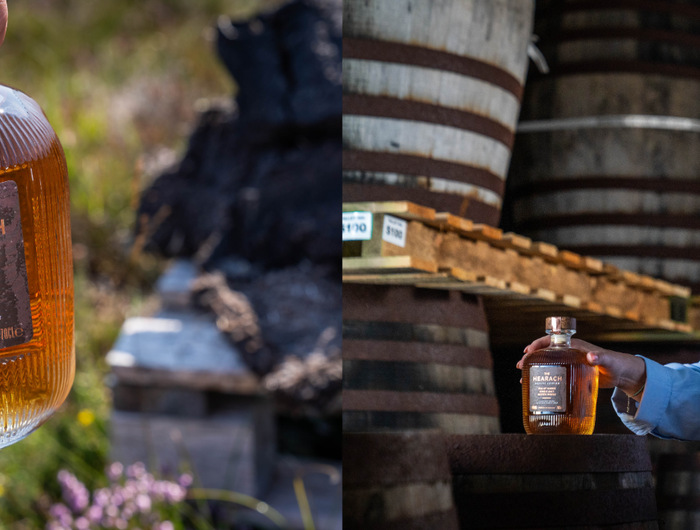 Collage of a person holding a bottle of 'The Hearachan' whiskey with a scenic background, and a woman in a blue shirt sitting by barrels.