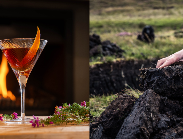 Hearach decade edition whisky bottle and cocktail with fireplace, person handling peat in outdoor setting