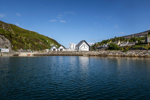 Scenic view of a coastal town with houses and mountains under a clear blue sky. The Harris Distiller is in the middle of this