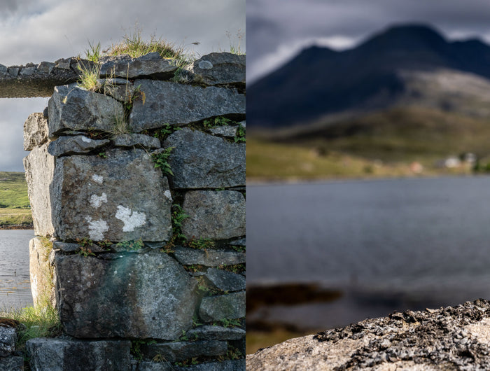 Collage of a stone archway and a glass of whisky with a scenic background.