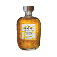 Bottle of Hearach Chateau Biac whisky on a white background