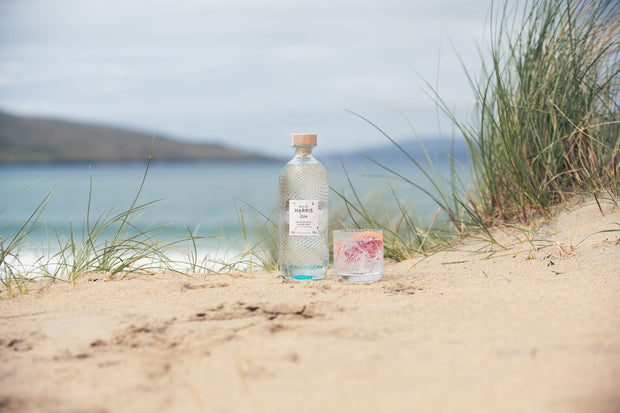A bottle of Harris gin with a glass of gin and tonic beside it sitting on  a sand dune with the sea behind it