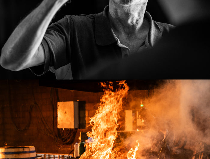 Split image showing a man holding up a whisky glass to inspect it and wooden barrels being charred over open flames