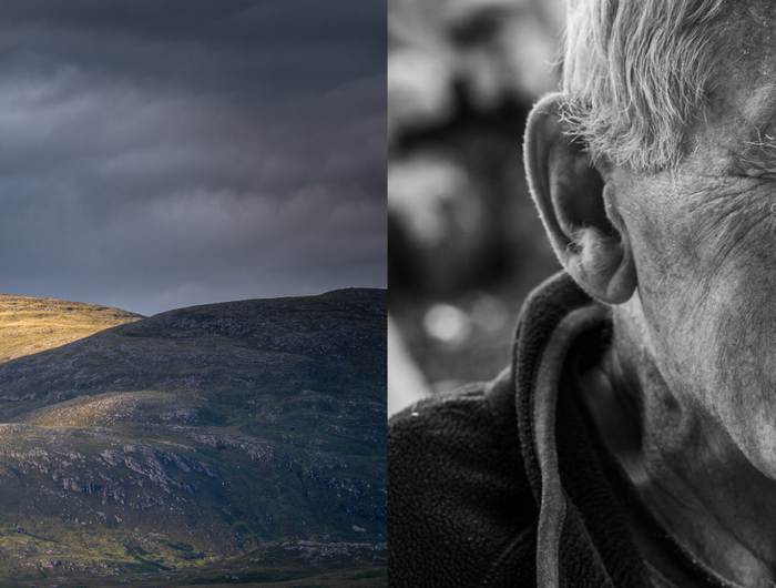 Sunlit hills under dark skies on Harris beside a close-up portrait of an elderly man