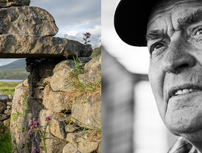 Stone croft doorway overlooking coastal landscape on Harris beside a close-up portrait of an elderly man