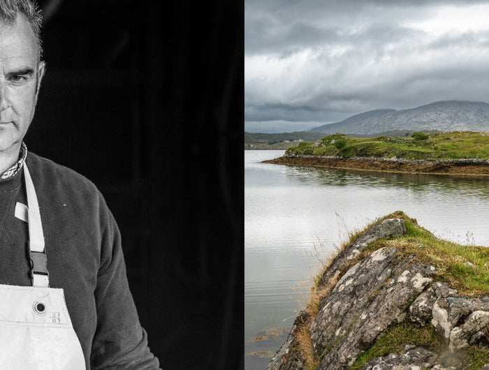 Two images side by side.  The first is a middle aged gentleman in an apron.  The second is house next to some water.