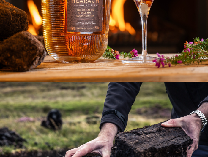 Hearach whisky bottle with a cocktail and fireplace in the background