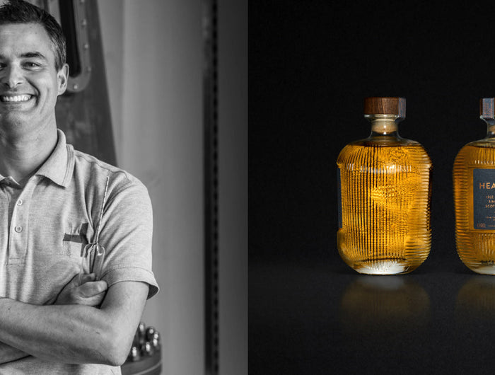 Two images side by side.  First is a black and white image of a man smiling in front of distillery equipment.  Second is three bottles of Hearach Whisky side by side