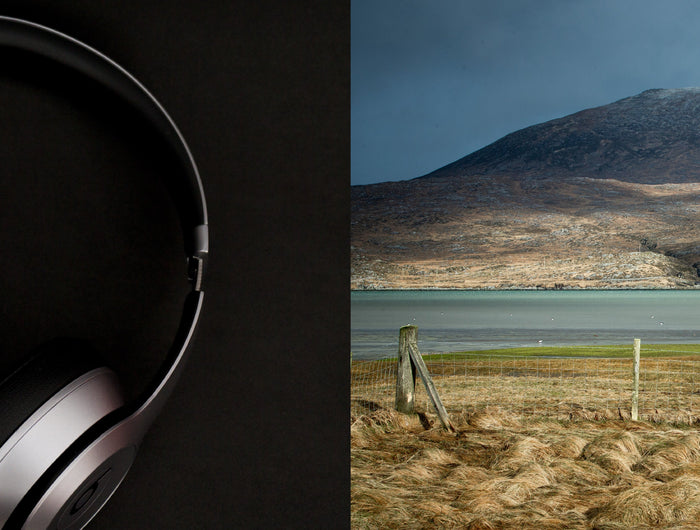 Two images side by side.  On of a set of headphones on a black backgroud.  the second a landscape of mountains in the background and water and field in the the foreground