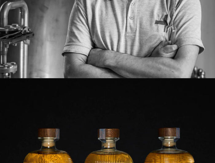 Split image showing a distillery worker in front of copper stills and three bottles of The Hearach Isle of Harris whisky