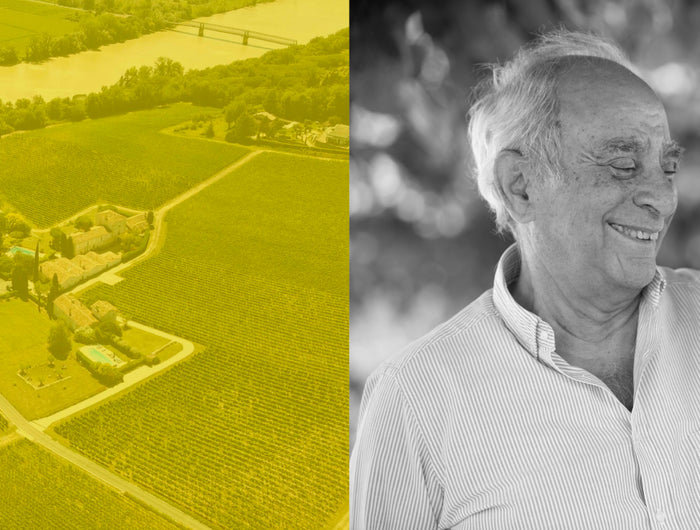 side by side images - left hand image is an aerial shot of a vineyard and the right hand image is a black and white image of a man and woman