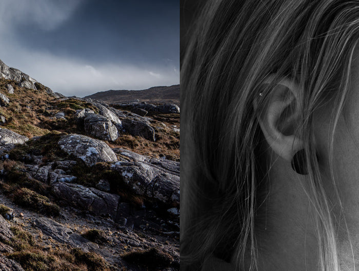 Two images side by side.  The first is rocky hillside and the second is a black and white side profile of a young woman