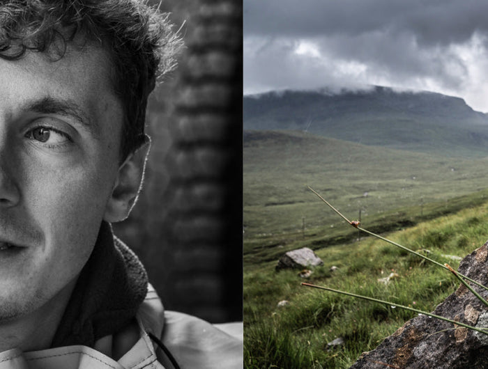 Two images side by side.  The first is a black and white image of a young man.  The second is a landscape with mountains in the back ground and a large rock in the foreground