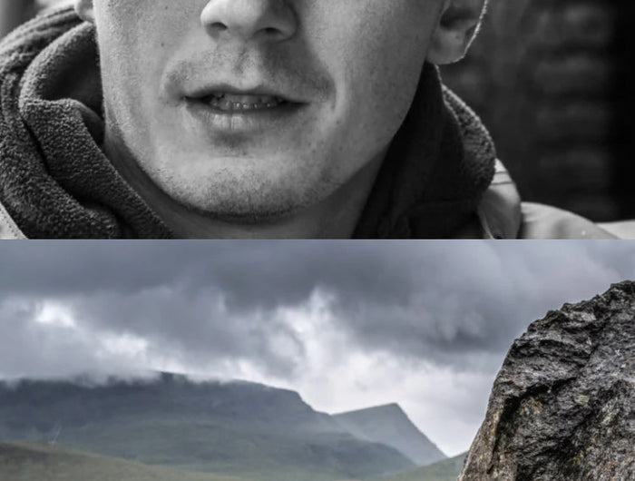 stacked images - top image black and white close up of young man's face and bottom images is a landscape with rock in the foreground