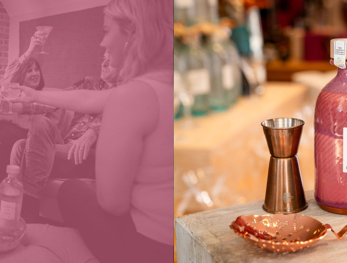 Two images: one of a group of people around a table with a bottle, and another of  a Pink bottle of harris gin on a bar counter with a cocktail.