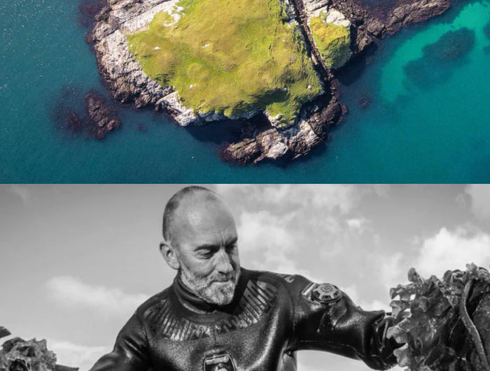Split image showing an aerial view of a rocky island in bright blue water and a man in a wetsuit gathering seaweed from the sea