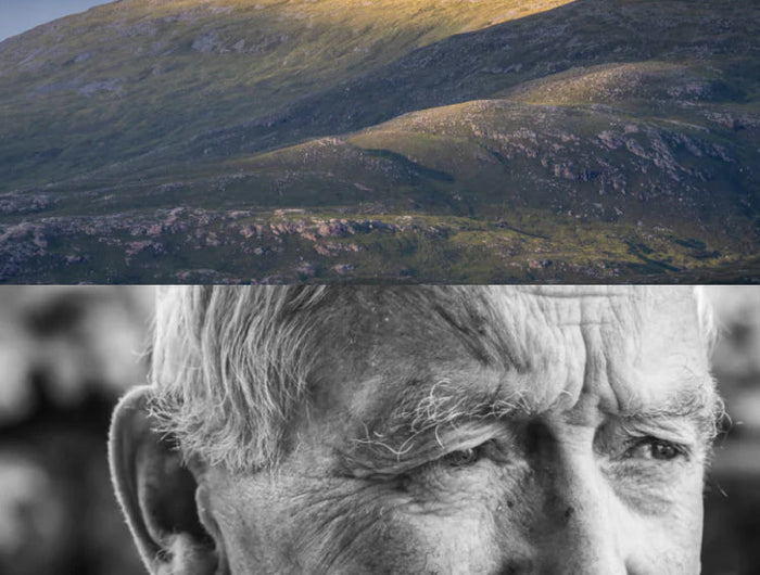 Split image showing rolling hills lit by sunlight under cloudy skies and a close-up of an elderly man’s face