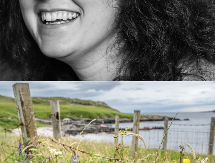 Split image showing a close-up of a smiling woman and a coastal scene with wildflowers, grass and sea beyond