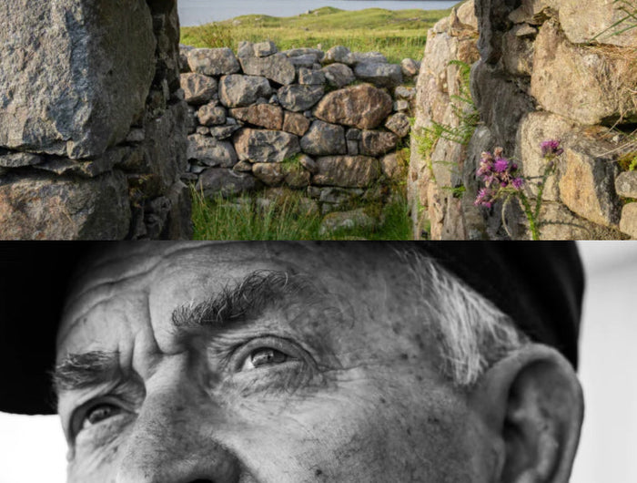 Split image showing a stone croft doorway with a view of the sea and a close-up of an elderly man wearing a cap