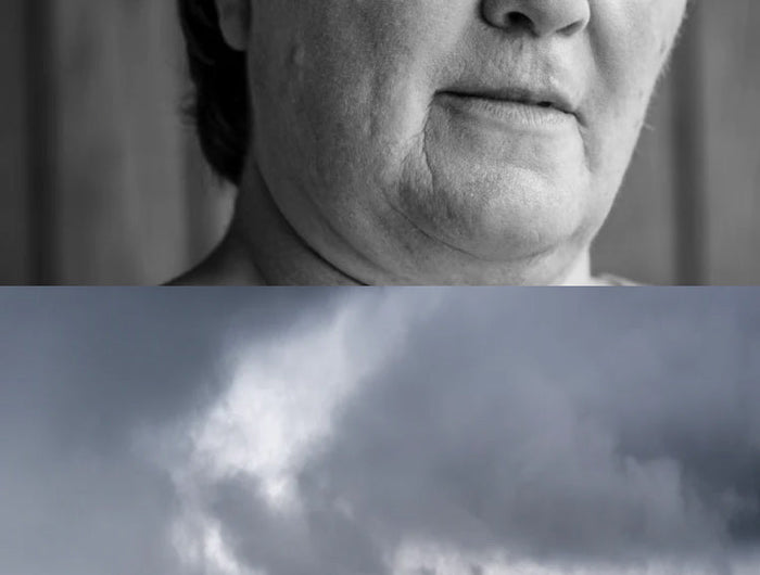 Split image showing a close-up portrait of a woman and a mountain landscape with low clouds and a winding path
