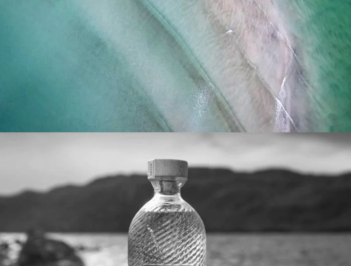 two stacked images, top image is a aerial shot of the coast line of Harris and the bottom on is a black and white image of a harris gin bottle and glass on some rocks