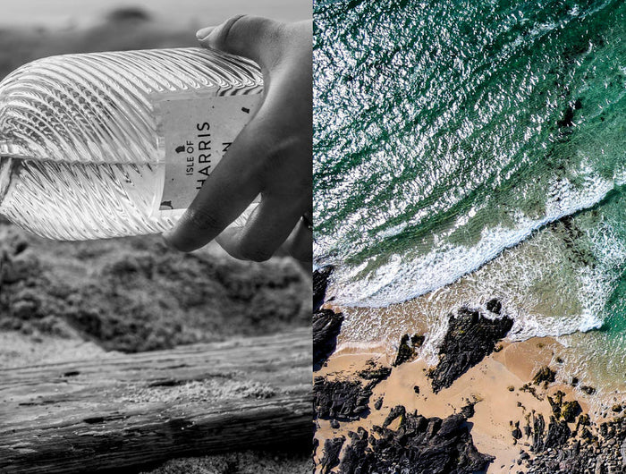 Two images side by side.  The first image is a hand pouring a bottle of harris gin in  to a glass.   the second image is a aerial shot of a coastline