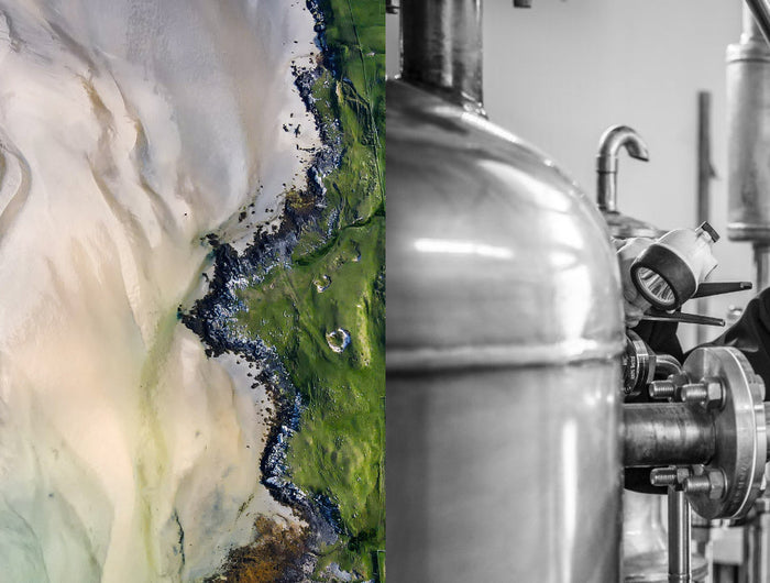 Two side by side images.  The first is a aerial shot of a coast line at low tide.  The second is a man using distillery equipment