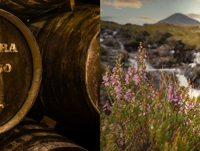 Two images side by side.  The first image is an Oloroso barrel.  The second is a bottle of Hearach Oloroso whisky on some heather.