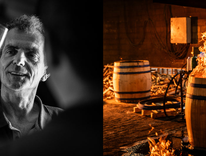 Two side by side images.  First image is a man looking at some whisky in a glass.  Second image is some whisky barrels on fire