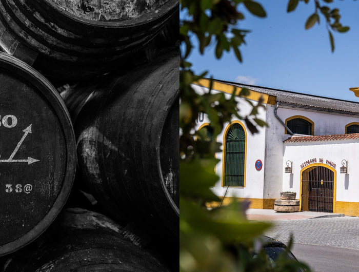 Two images side by side.  First image is a black and white shot of some ololroso barrels.  Second image is a white spanish style building