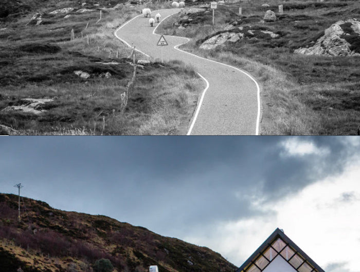 A stacked image, top image is a black and white image of a winding road with some sheep on it and the bottom image is of the isle of harris distillery