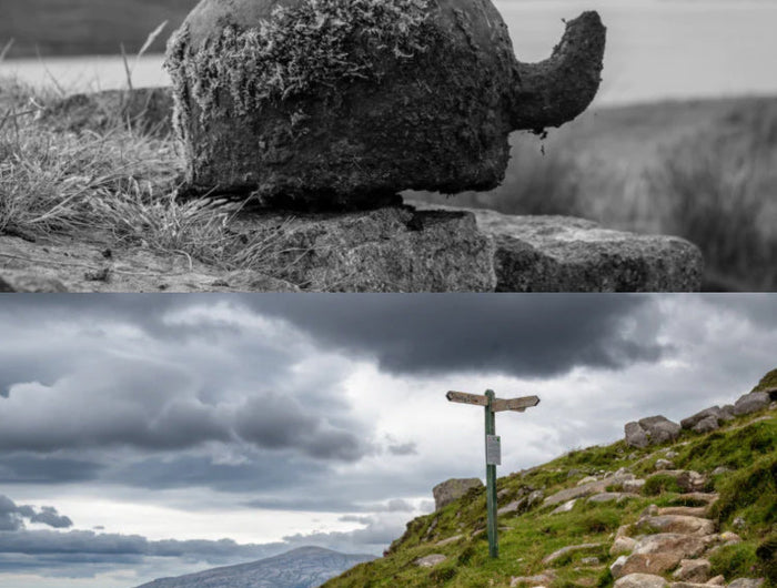two image stacked,  top one is a black and white image of a rock and the bottom is a coastal pathway