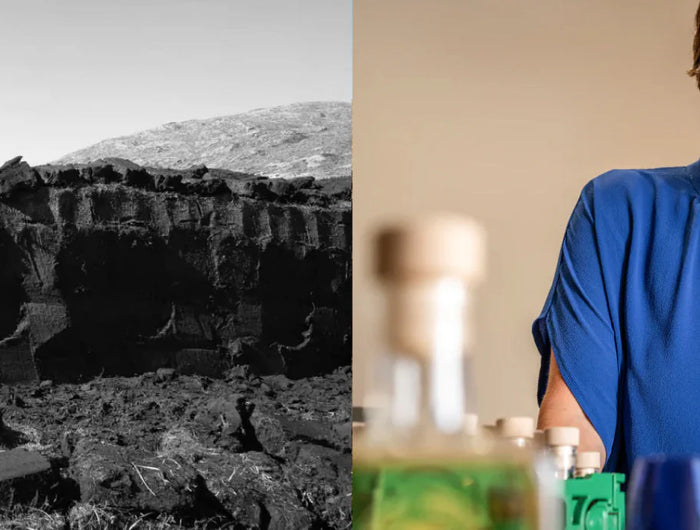 Two images side by side.  First is a black and white image of a cut peat bog.  Second is a woman in a blue top nosing a glass of whisky