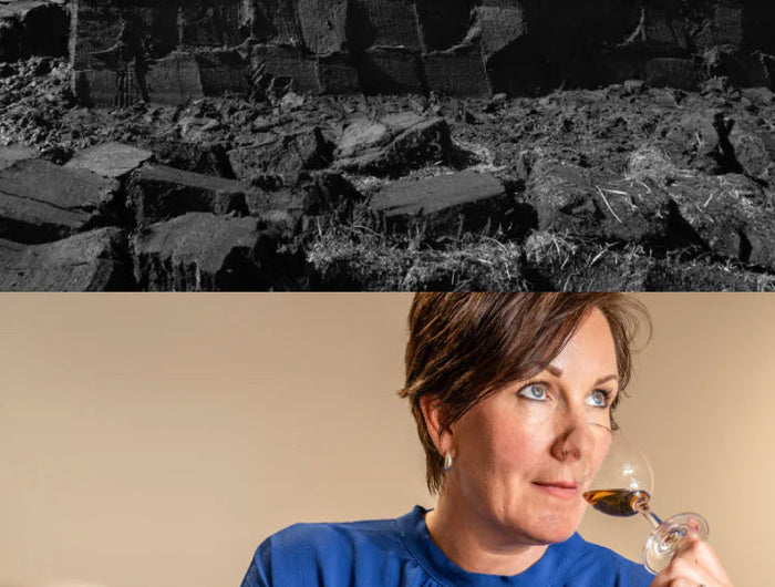 Split image showing a peat bank in a rugged landscape and a woman smelling whisky from a glass