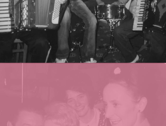 Two images: one of a group with musical instruments and another of a group posing together.