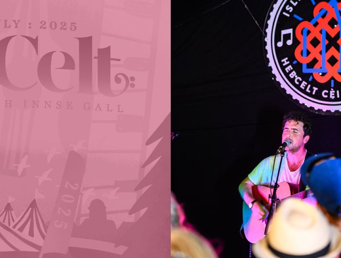 Promotional poster for HebCelt event on a pink background with two people on stage at a live performance.