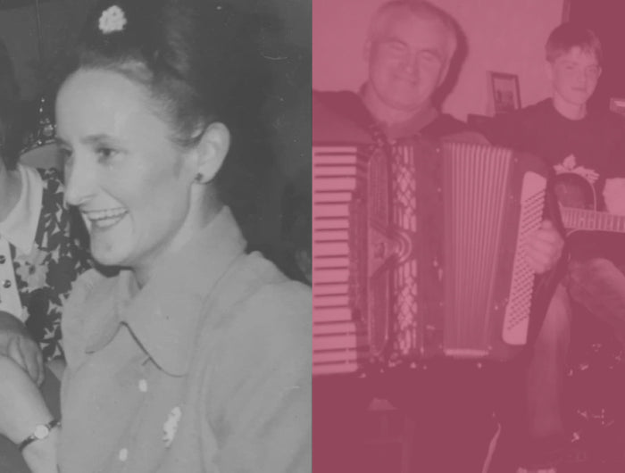 Two black and white photos side by side; one of a group of people, the other of a band playing music.