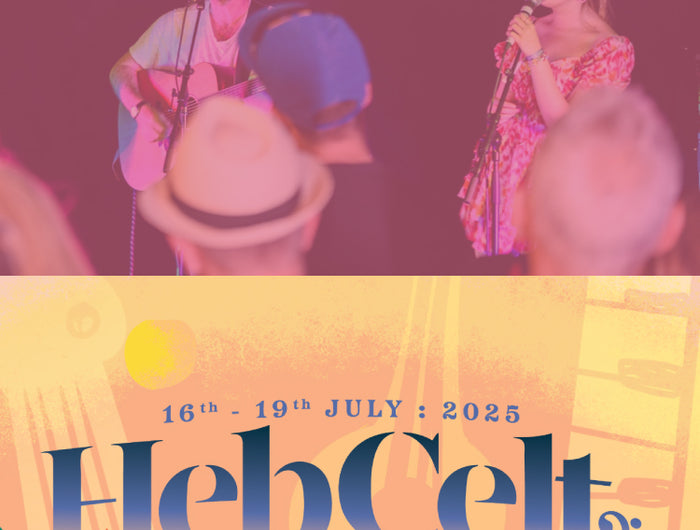 Promotional poster for HebCelt festival featuring musicians and event details.