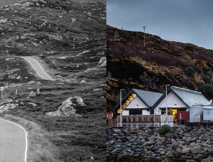 a split image, left hand side is a black and white image of a country single track road with some sheep on it and right hand side is a picture of Isle of Harris distillery 