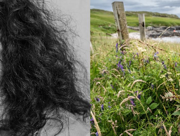 Smiling woman portrait beside wildflowers and coastal landscape on Harris