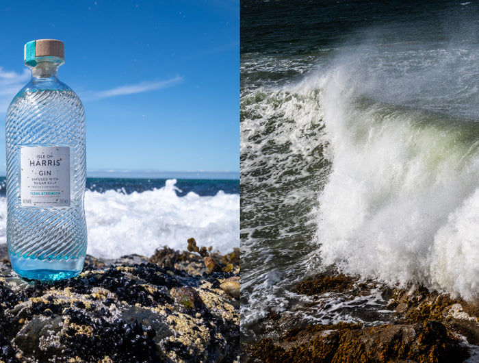 Bottle of Harris Gin on rocks with ocean waves in the background