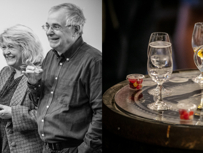 A split picture left hand side it 2 women and man tasting whisky, right hand side is whisky glasses on a barrel