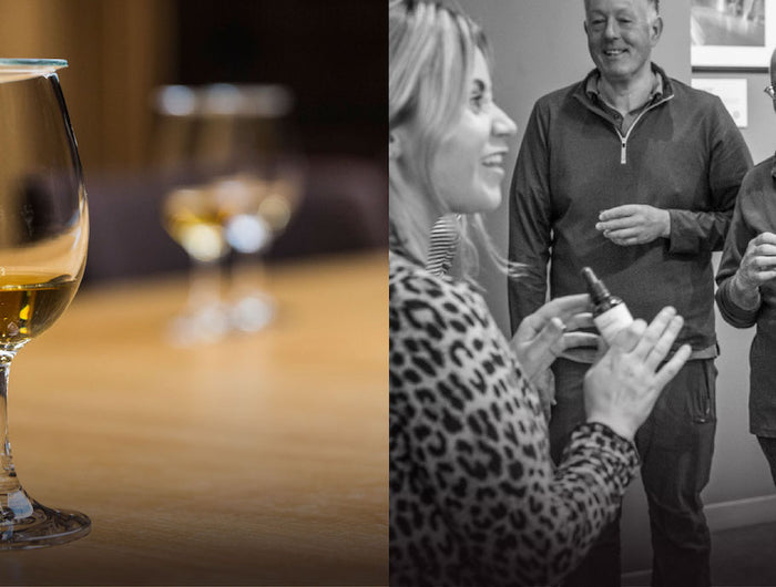 A split image, left hand side has two whisky glasses sitting on a table, left and side has a group of people standing listening to a woman giving a talk