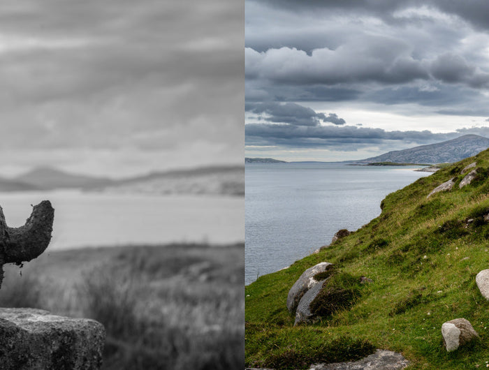 A split image, the left hand side it a black and white image of a rocky outcrop.  The right hand side is a coastal path with the sea in the background